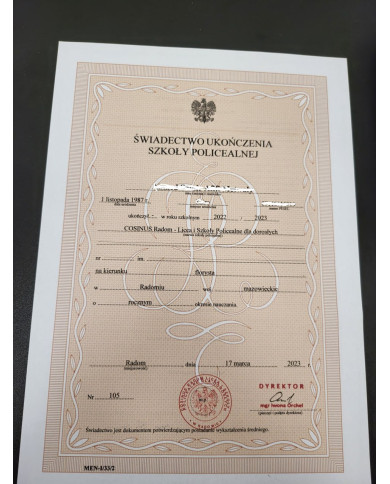 Kolekcjonerski dyplom ukończenia Polskiej szkoły średniej