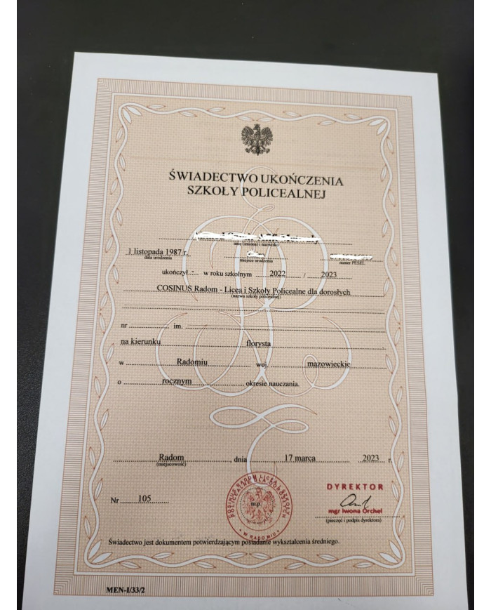 Kolekcjonerski dyplom ukończenia Polskiej szkoły średniej