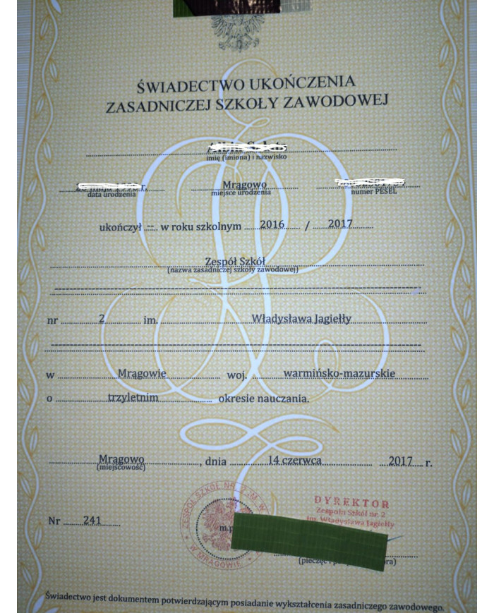 Kolekcjonerski dyplom ukończenia Polskiej szkoły średniej